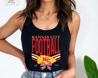 Kansas City Football Women's Tank, Kansas City Razorback, KC Checkered Bow Football T-shirt, Kansas City Football Gift Tee, Gift Women