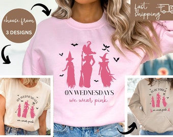 Pink Halloween Shirt, Wear Pink on Wednesdays in October, Witch Pink Halloween Sweatshirt, Funny Halloween Hoodie Mean Girls Witch Shirt