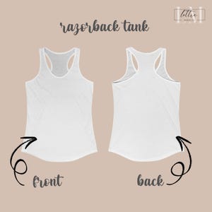 May include: White racerback tank top, front and back views, with the text "razorback tank" in a handwritten style. The front view is labeled "front" and the back view is labeled "back" with arrows pointing to each tank top.