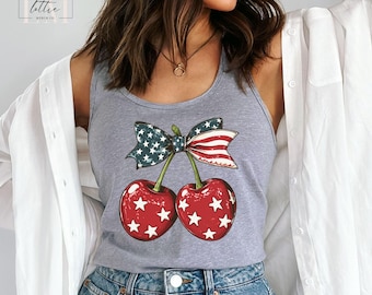 4th of July Shirt Women, Freedom shirt, USA Shirt, America T-shirt, American Flag Tank Top, Coquette America Shirt, Cherry Star Tank Top