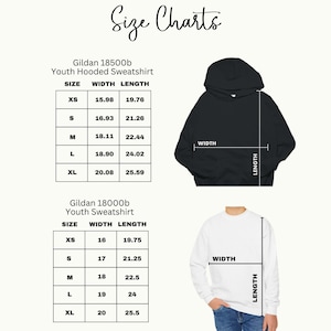 May include: Size chart for Gildan youth hooded and crew neck sweatshirts. The chart shows the width and length measurements in inches for sizes XS, S, M, L, and XL.