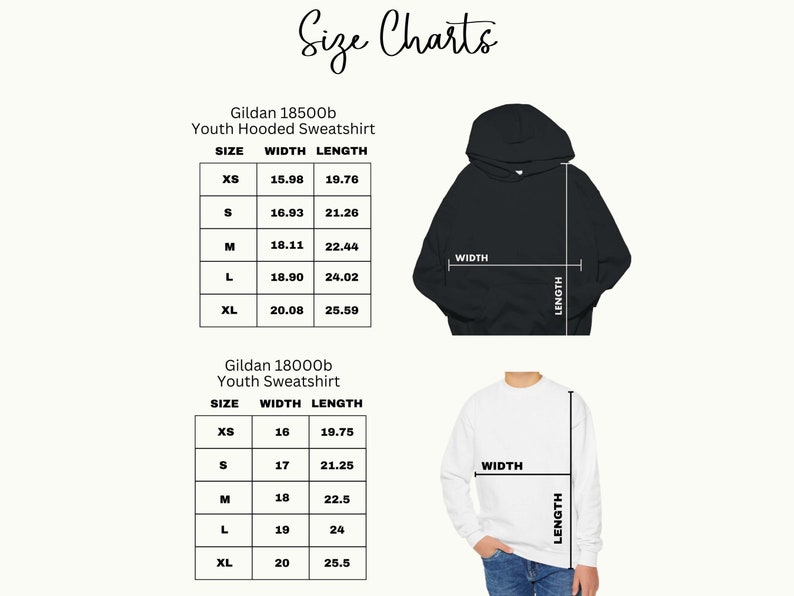 May include: Size chart for Gildan youth hooded and crew neck sweatshirts. The chart shows the width and length measurements in inches for sizes XS, S, M, L, and XL.