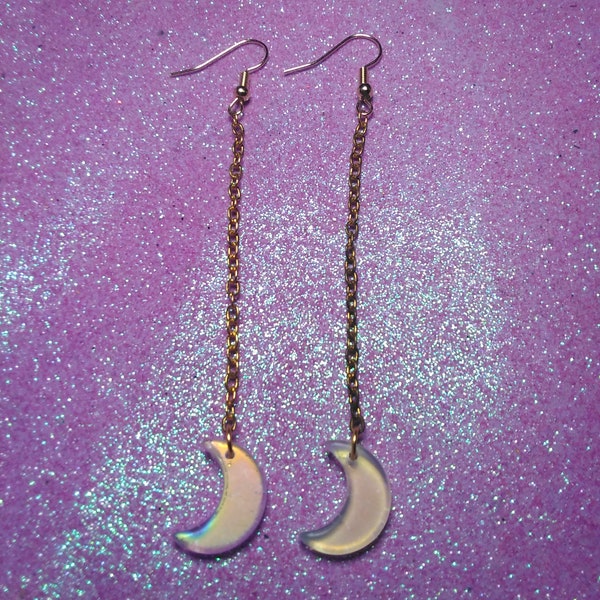 Dainty Iridescent Moon Dangle Earrings On Gold Chains And Hypoallergenic Hooks, Gifts, Women, Teens, Her, Cute, Celestial, Boho, Space