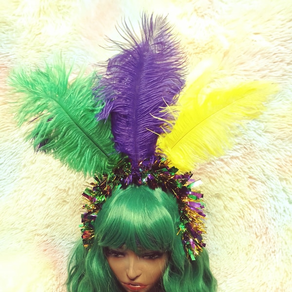 Mardi Gras Feather And Tinsel Headdress, Festive Fat Tuesday Costume Headband, Purple, Gold, Green, Hair Accessories For Women, Crown, Her