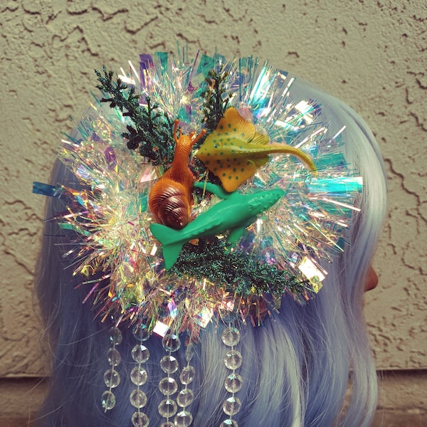 Sea Life Hair Fascinator, Clip, Tinsel, Iridescent, Unique, Ocean Animals, Sparkly, Girls, Teens, Women, Her, Colorful, Gifts, Present, Swim