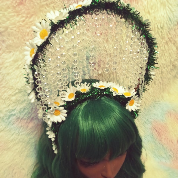 Daisy Crown Headdress With Iridescent Bead Falls/Fringe, Tinsel Headband, Cute, Spring, Summer, Festival, Headpiece, For Women, Adults, Her