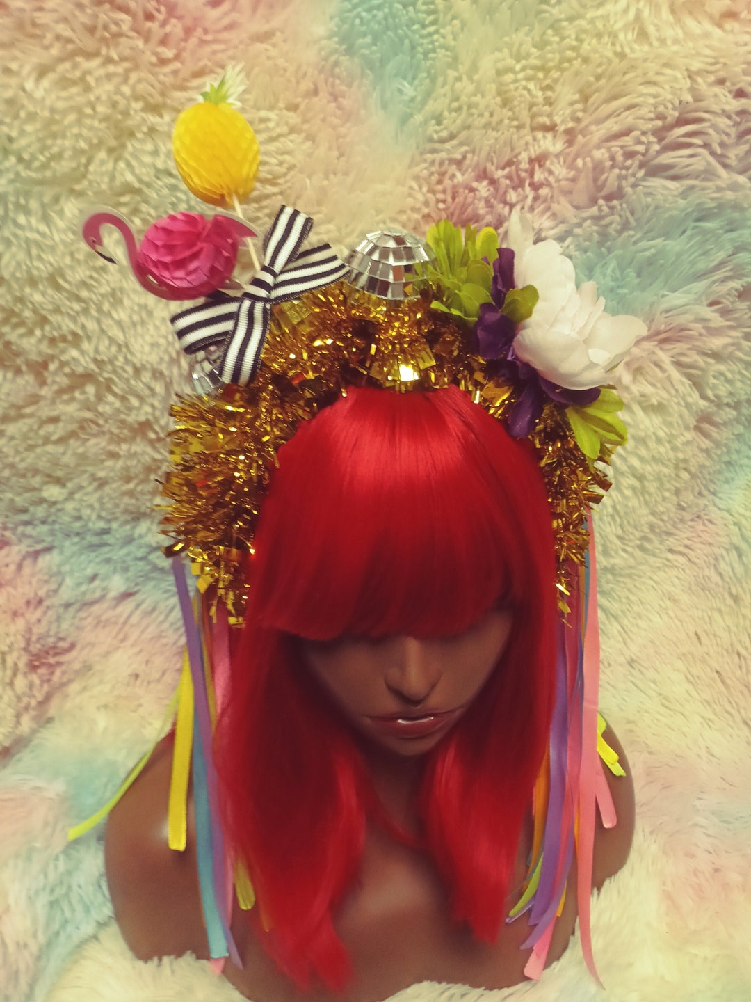 Festive Tinsel Crown Headband With Ribbon Falls, Colorful, Party