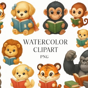 Watercolor Animals Reading Clipart: Back to School PNG Bundle