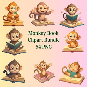 May include: A collection of cartoon monkey illustrations. The monkeys are depicted in various poses, sitting on open books, holding objects, and with joyful expressions. The image includes the text "Monkey Book Clipart Bundle 54 PNG."