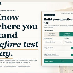 May include: A digital interface display featuring the text 'Know where you stand before test day' alongside a 'Session Setup' box. The layout includes options for 'Feedback Mode', 'Question Set', 'Length', and toggles for shuffling, with a green 'Start Practice' button.
