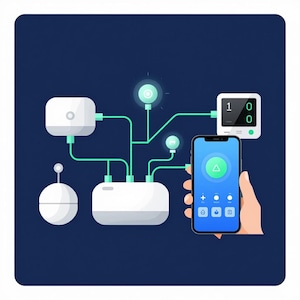 May include: Illustration of a smart home system with a smartphone displaying an interface. The system includes white rectangular and spherical devices connected by green lines, with a small display showing numbers. A hand holds the smartphone.