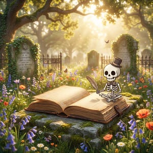 Op de afbeelding: Een grillige illustratie van een skelet met hoge hoed en vlinderdas, zittend op een open boek in een kerkhof. De scène wordt omgeven door kleurrijke wilde bloemen, vlinders en grafstenen, met een zachte, zonovergoten achtergrond.