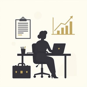 May include: Illustration of a person working at a desk with a laptop. A briefcase, clipboard, and a graph showing upward progress are also present. The color palette is black, gold, and white, suggesting a business or office theme.