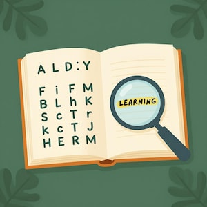 May include: An open book with orange covers and white pages, featuring a word search puzzle. A magnifying glass with the word "LEARNING" in yellow is over the book. The background is a dark green with leaf illustrations.