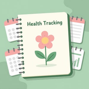 May include: A spiral-bound notebook with the words "Health Tracking" and a pink flower illustration. Surrounding the notebook are four small calendars with pink tops and white pages, all on a light green background.