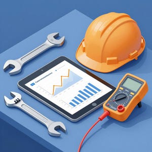 May include: An orange hard hat, two silver wrenches, a digital multimeter, and a tablet displaying charts and graphs are arranged on a blue surface. The tools suggest construction or engineering work.
