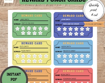 Może przedstawiać: Kolorowe karty nagród z tekstem "Reward Punch Cards". Każda karta ma imię, nagrodę i przestrzenie do dziurkowania w kształcie gwiazd. Karty są w różnych kolorach, w tym zielonym, niebieskim, żółtym i pomarańczowym. Obraz zawiera również tekst "Instant PDF Download."