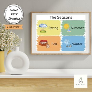 May include: A framed print titled "The Seasons" with illustrations for spring, summer, autumn, and winter. The print includes a cloud with rain, a sun, a pile of blankets and a hamster, and a snowflake. The print is labeled "Instant PDF Download" and "3 SIZE OPTIONS!"
