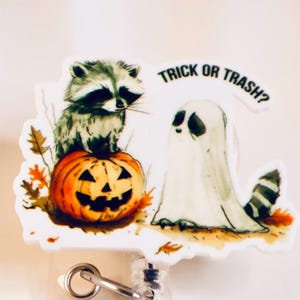 Raccoon Ghost Halloween Badge Reel: Funny Retractable ID Holder