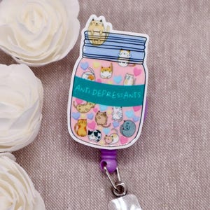 Cute “Anti-Depressants” Cat Jar Badge Reel – Funny Alligator Clip ID Holder for Nurses, Vet Techs, Teachers, Mental Health Gifts