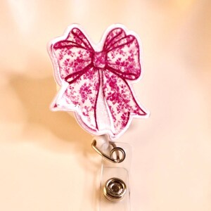 Pink Floral Bow Badge Reel, Retractable ID Holder, Custom Badge Clip Options, Nurse Gift, Teacher Lanyard, Office Accessories