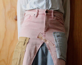 Blush pink denim panel upcycle denim stretch skirt/ waist 31-33/ hip41-43/length 35"/ready to buy/ chic one of a kind by Cheryl Johnston