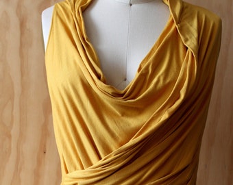 Mustard yellow with ruching and cowl neck/ side drape back with stitch detail / raw edge/color may not be available' inquire/ free shipping