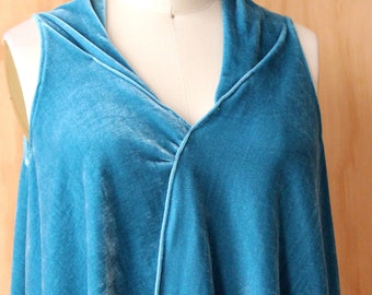 Turquoise velvet crop sleeveless v neck top/ elegant short top with long side drape