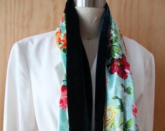 Bright floral with teal two tone velvet scarf / beautiful vibrant color velvet