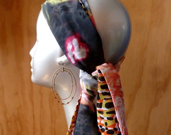 Floral head and neck scarf with abstract print 2 tone scarf 59"x10"