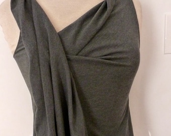 Gray cotton spandex sleeveless top with pleated details is made by Cheryl Johnston