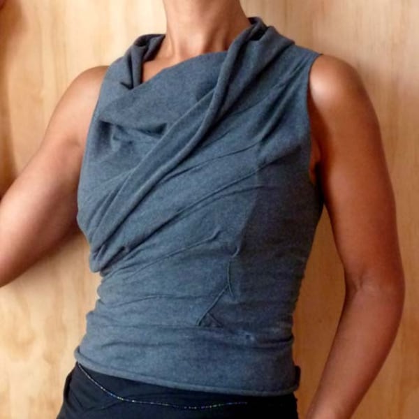 Gray short cowl fitted top with stitch detail  with raw edge