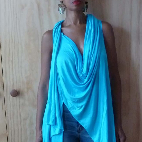 Turquoise/sky blue versatile  sleeveless top,cowl neck drape tunic,handmade to fit you by Cheryl Johnston in many colors to order from