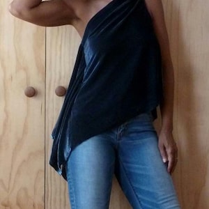 Swing Navy velvet one shoulder top/ elegant short top with long side drape