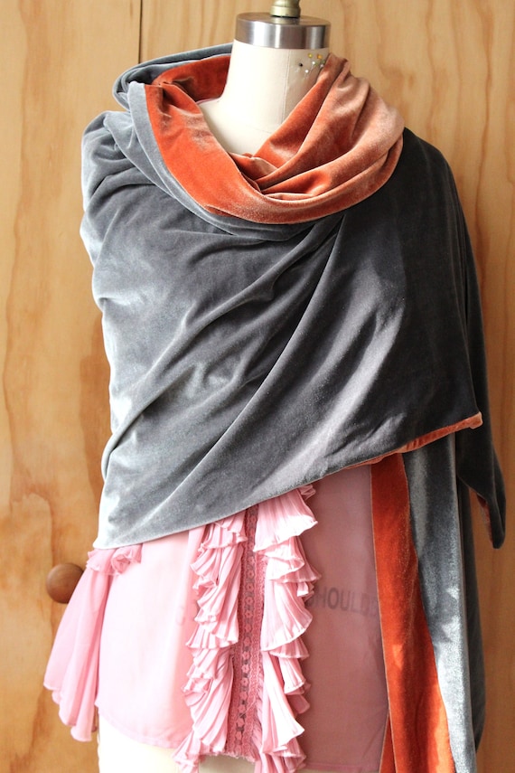 Gray and Pumpkin/copper Tone Velvet Shawl/72