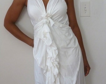 White Stretch Cotton Wedding Dress/V neck with ruffles down the front/back has drape piece/handmade by Cheryl Johnston/ one of a kind dress