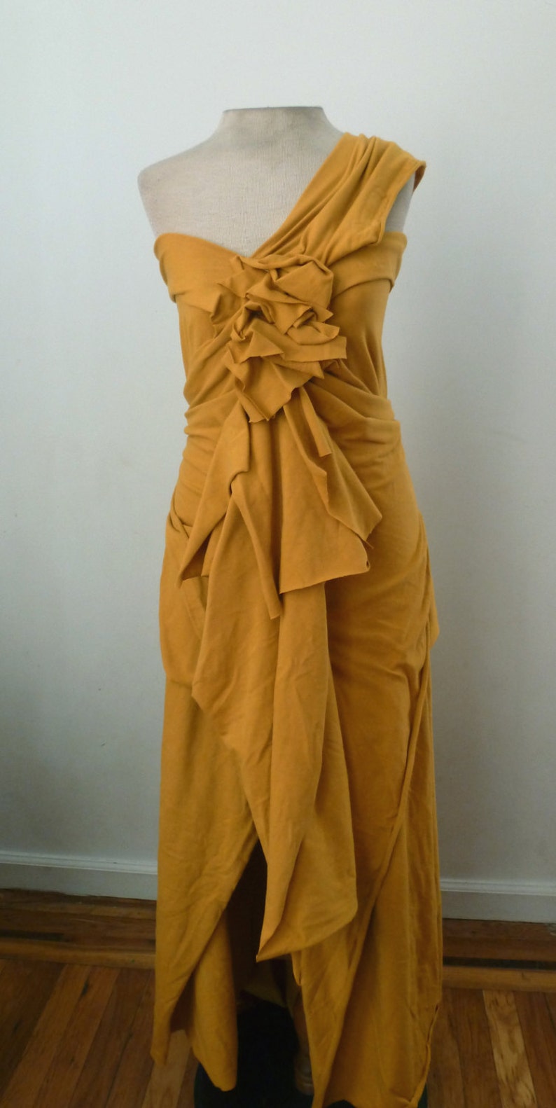 Mustard cotton lycra dress with one shoulder/layered dress/Designed by Cheryl Johnston/organic style wedding dress/maid of honor dress image 1
