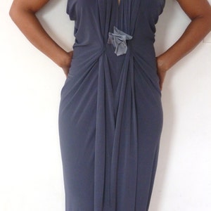 V neck Gunmetal drape front dress with light gray accent/waist is sinched at the waist/racer back dress made to order by cheryl Johnston image 1