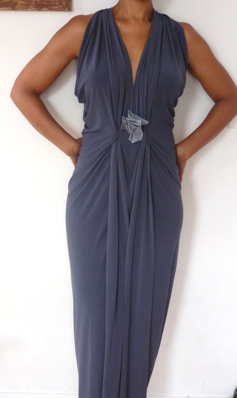 V neck Gunmetal drape front dress with light gray accent/waist is sinched at the waist/racer back dress made to order by cheryl Johnston image 1