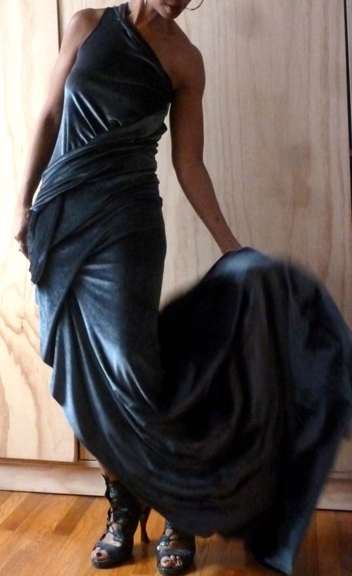 Long Charcoal gray one shoulder velvet drape dress/elegant Etsy