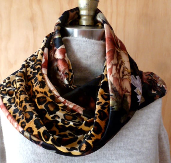 Dark Floral and Leopard Print Velvet Scarf/58x10/ Two Tone Velvet