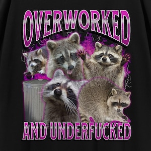 Overworked and Underfucked Funny Raccoon Meme Bootleg Graphic T shirt, Unhinged Shirt, Offensive T shirts, Inappropriate Cringe Shirt, Gen z
