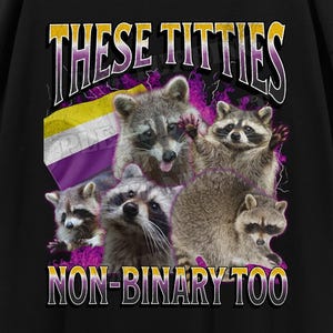 May include: Black t-shirt with a graphic of raccoons and the text "THESE TITTIES NON-BINARY TOO". The shirt has a streetwear design with pixelated hearts, shooting stars, and a cat.