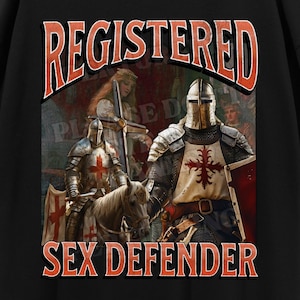 Registered Sex Defender Funny Knight Meme Bootleg Graphic T shirt, Unhinged Shirt, Offensive T shirts, Inappropriate Cringe Shirt, Gen z Tee