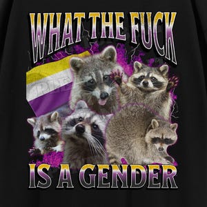May include: Black t-shirt with a graphic of raccoons and the text "WHAT THE FUCK IS A GENDER". The shirt also features the text "Streetwear Tee PERTURBING TEES". The design includes a non-binary flag.