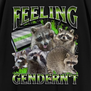 May include: Black t-shirt featuring a raccoon graphic and the text "FEELING GENDER N'T". The shirt has a crew neck and short sleeves. Pixelated hearts, stars, and a cat and duck graphic are in the background.