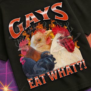 May include: Black crew neck t-shirt with the text "GAYS EAT WHAT?!" above a graphic of several chickens. The shirt also features the text "MILDLY PERTURBED" in a retro style.