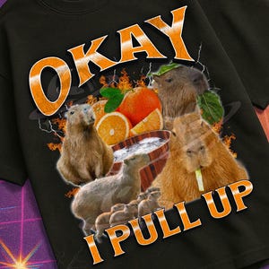 May include: Black t-shirt with the text "OKAY I PULL UP" in orange and white. The graphic features capybaras, oranges, and a retro design. The shirt is part of the "Mildly Perturbed" collection.
