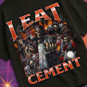 May include: Black t-shirt with a graphic featuring skeletal figures, guns, and the words "EAT CEMENT" in orange. The shirt is part of the "Mildly Perturbed" collection, with a retro VHS and space-themed design.