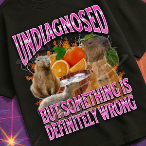 Op de afbeelding: Zwart T-shirt met de roze tekst "UNDIAGNOSED", boven de zin "BUT SOMETHING IS DEFINITELY WRONG". Het shirt heeft een afbeelding van capibara's, sinaasappels en een kom. Onderdeel van de "Mildly Perturbed" collectie.